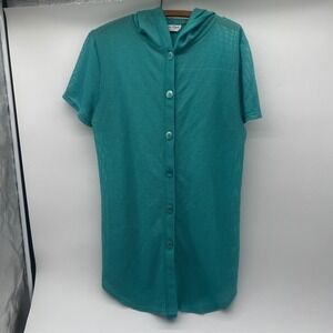 Ann Taylor Teal Mesh Hooded Button Front Short Sleeve Top Womens Teal Size M